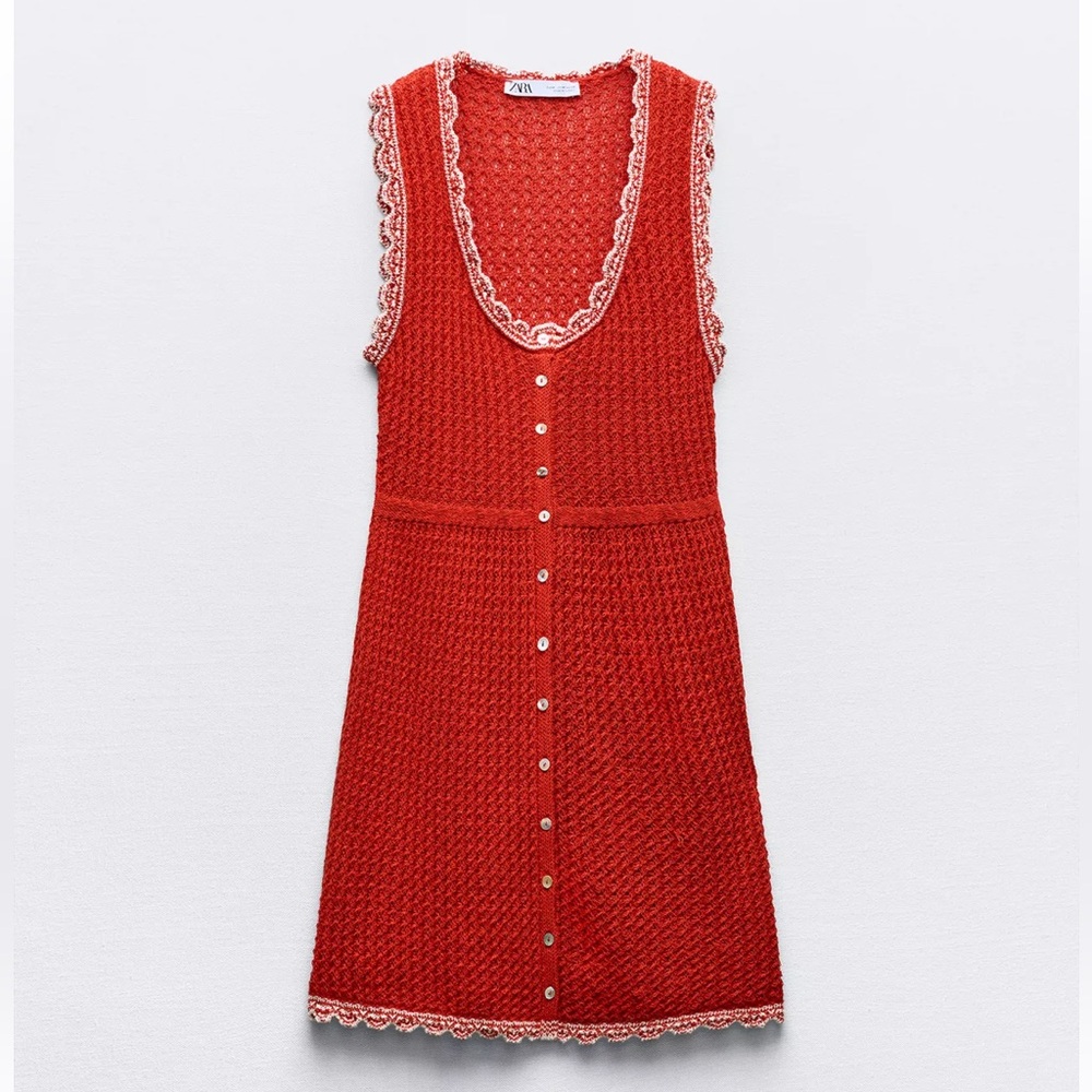 Zara Red Button-Front Pointelle Knit Mini Dress